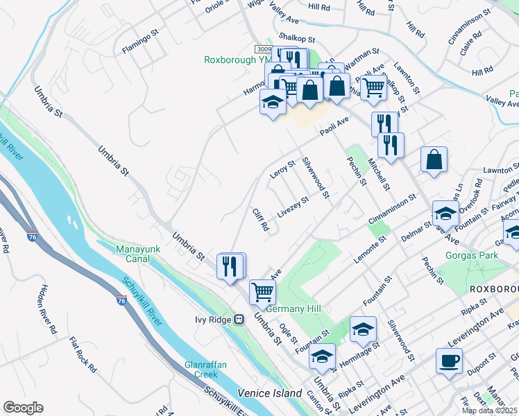map of restaurants, bars, coffee shops, grocery stores, and more near 6965 Cliff Road in Philadelphia