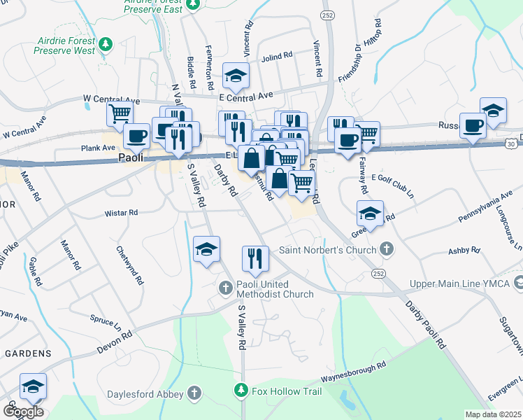 map of restaurants, bars, coffee shops, grocery stores, and more near 113 Woodgate Lane in Paoli