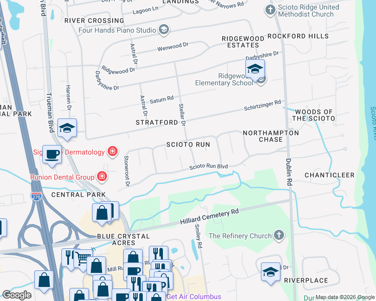 map of restaurants, bars, coffee shops, grocery stores, and more near 4175 Stellar Drive in Hilliard