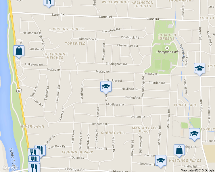 map of restaurants, bars, coffee shops, grocery stores, and more near 2344 Haviland Road in Columbus