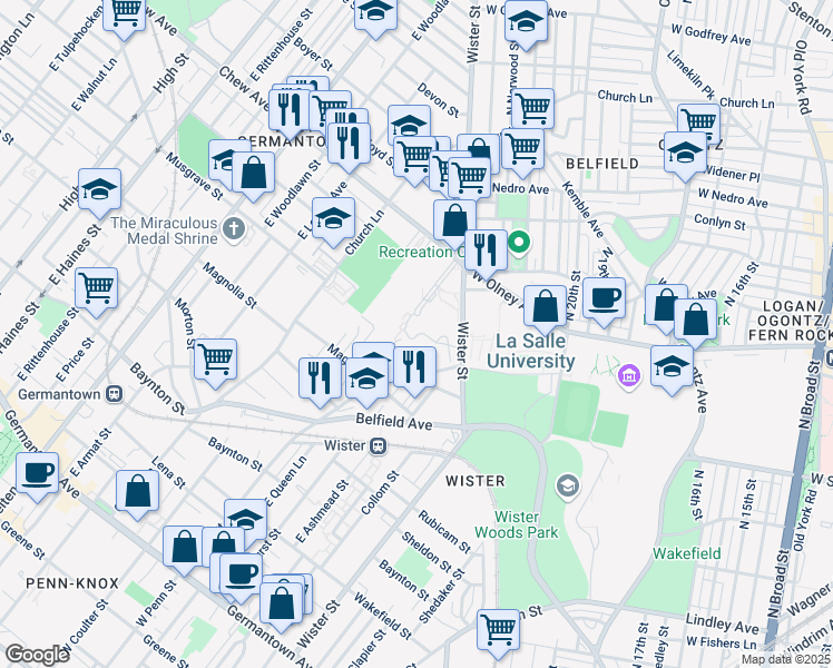 map of restaurants, bars, coffee shops, grocery stores, and more near 710 Penn Boulevard in Philadelphia