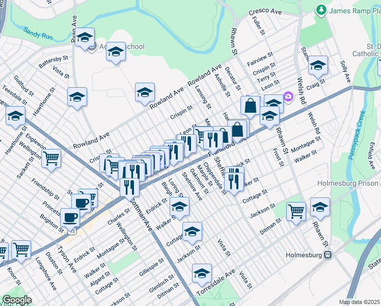 map of restaurants, bars, coffee shops, grocery stores, and more near 3557 Oakmont Street in Philadelphia