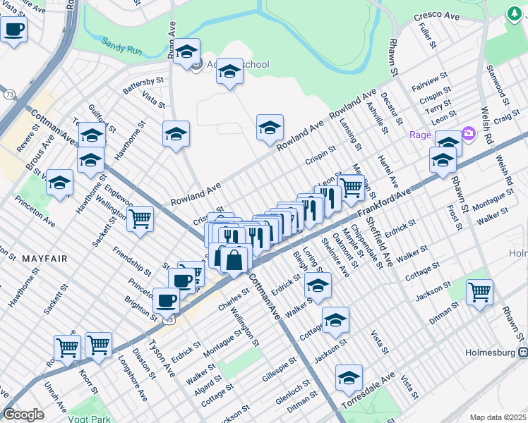 map of restaurants, bars, coffee shops, grocery stores, and more near 3440 Bleigh Avenue in Philadelphia