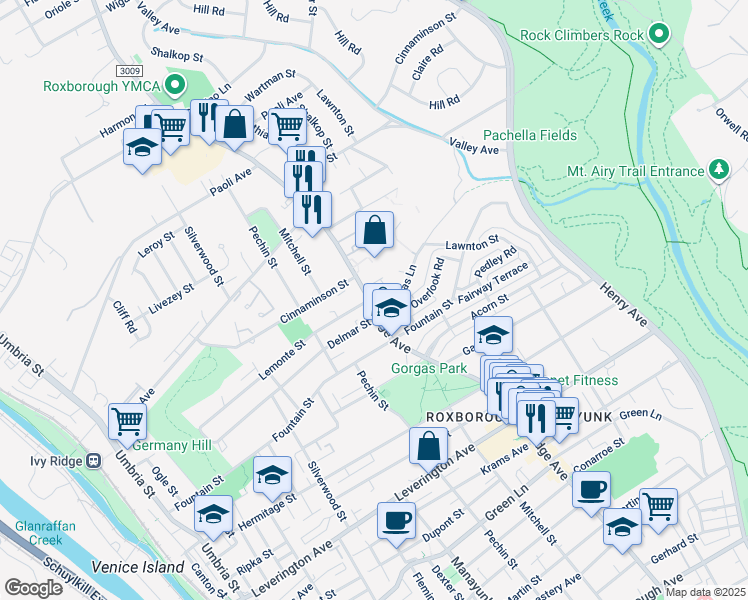 map of restaurants, bars, coffee shops, grocery stores, and more near 6649 Ridge Avenue in Philadelphia