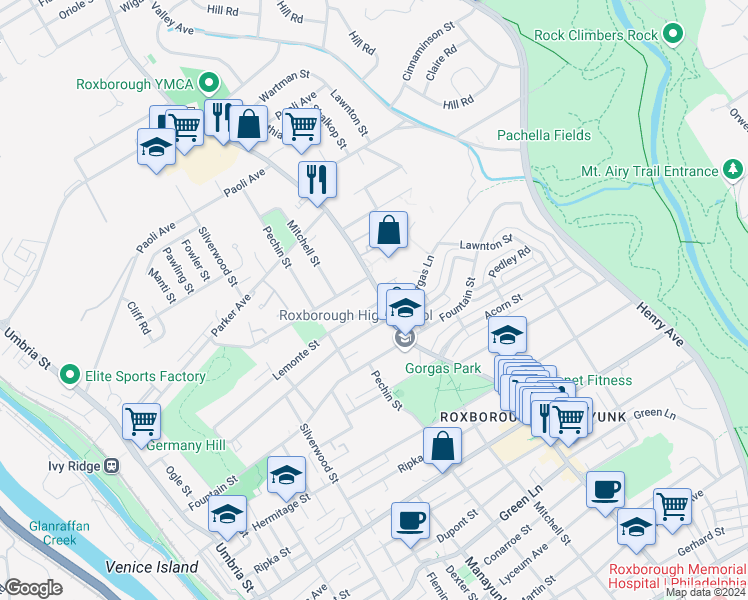 map of restaurants, bars, coffee shops, grocery stores, and more near 6618 Ridge Avenue in Philadelphia