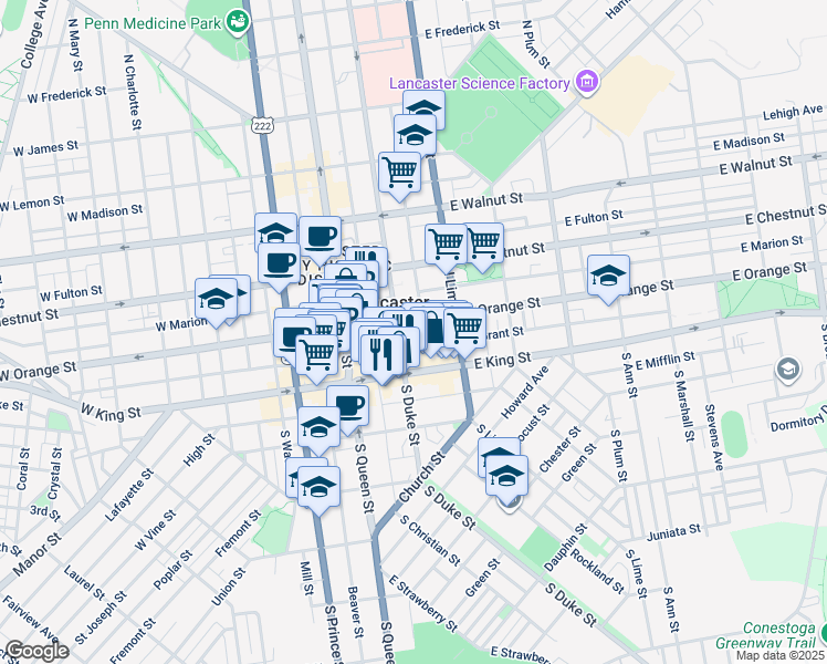 map of restaurants, bars, coffee shops, grocery stores, and more near 53 North Duke Street in Lancaster