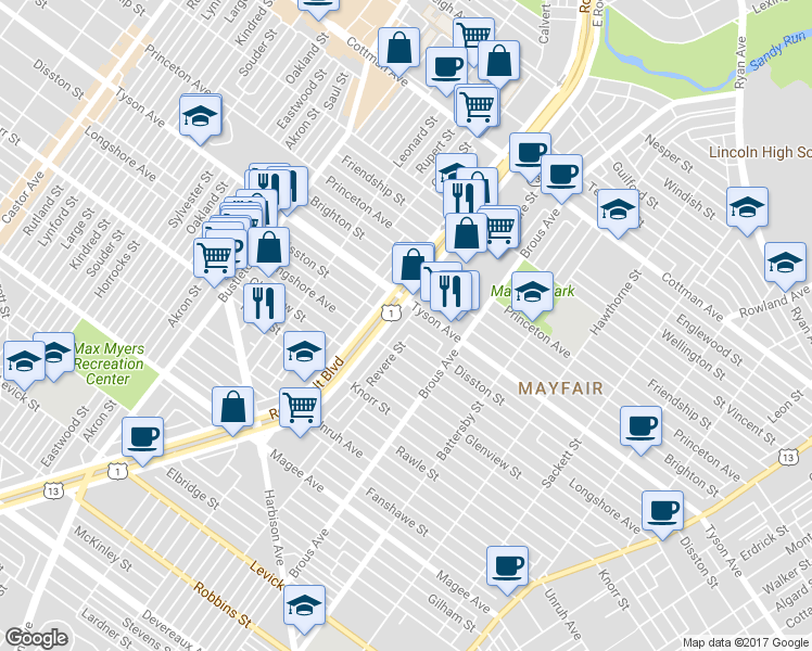 map of restaurants, bars, coffee shops, grocery stores, and more near 6928 Revere Street in Philadelphia