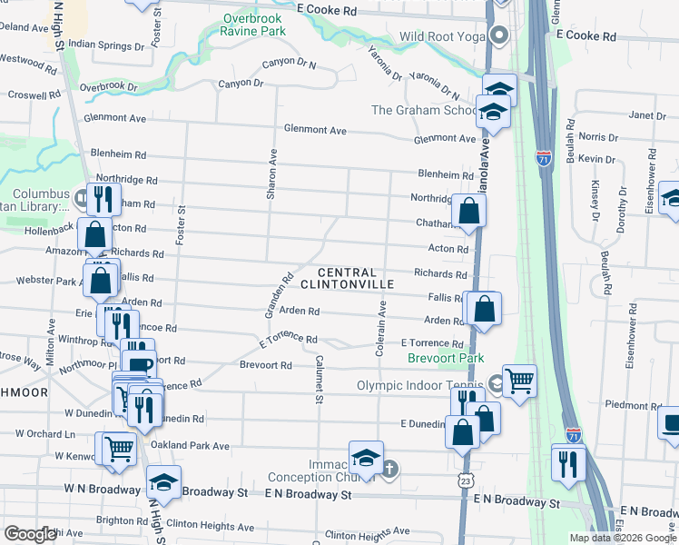 map of restaurants, bars, coffee shops, grocery stores, and more near 393 Richards Road in Columbus