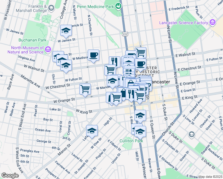 map of restaurants, bars, coffee shops, grocery stores, and more near 114 North Mulberry Street in Lancaster
