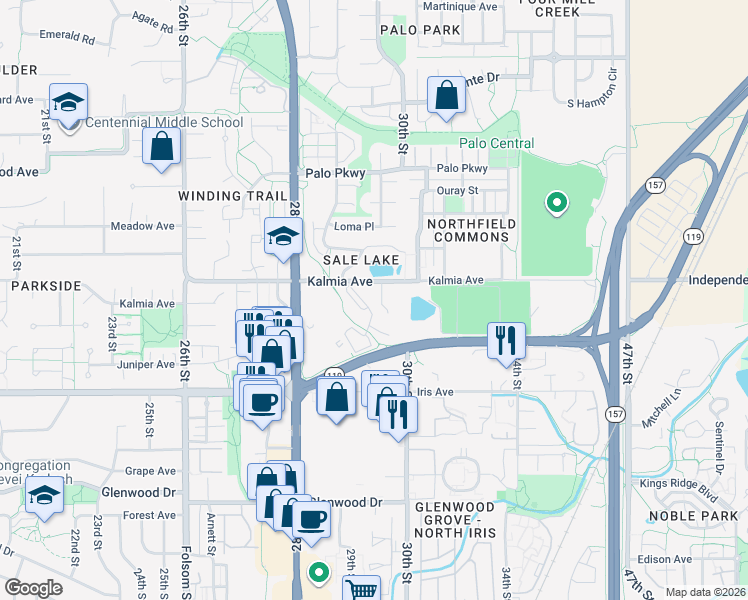 map of restaurants, bars, coffee shops, grocery stores, and more near 2910 Kalmia Avenue in Boulder