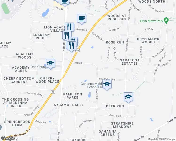 map of restaurants, bars, coffee shops, grocery stores, and more near 3975 Clotts Road in Columbus