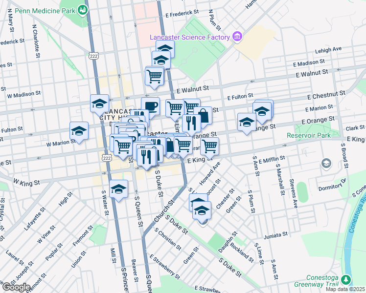 map of restaurants, bars, coffee shops, grocery stores, and more near 31 North Lime Street in Lancaster