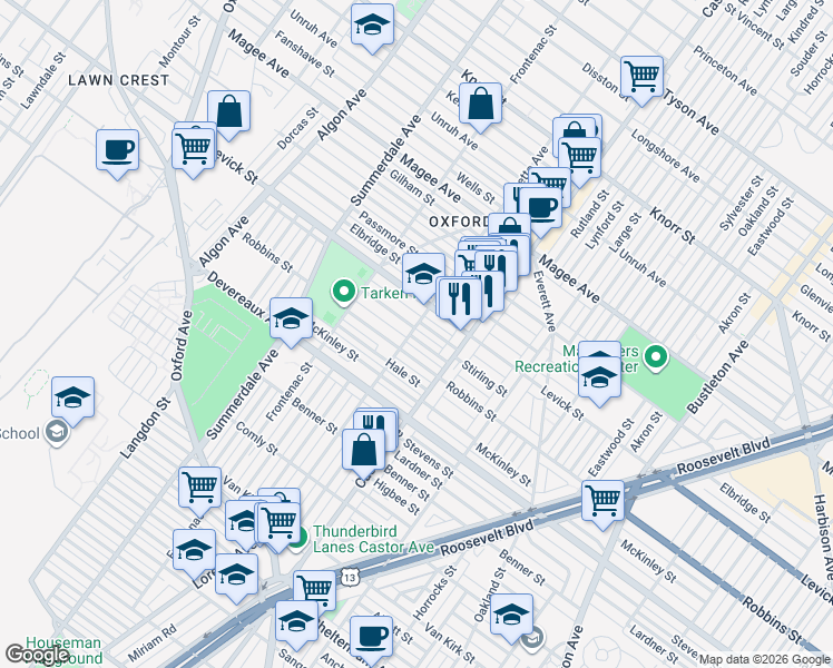 map of restaurants, bars, coffee shops, grocery stores, and more near 1301 Stirling St in Philadelphia