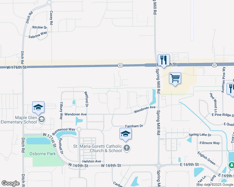 map of restaurants, bars, coffee shops, grocery stores, and more near 17388 Cayuga Drive in Westfield