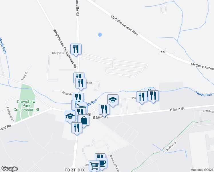 map of restaurants, bars, coffee shops, grocery stores, and more near 1A-TO9A-F Byron Drive in Wrightstown