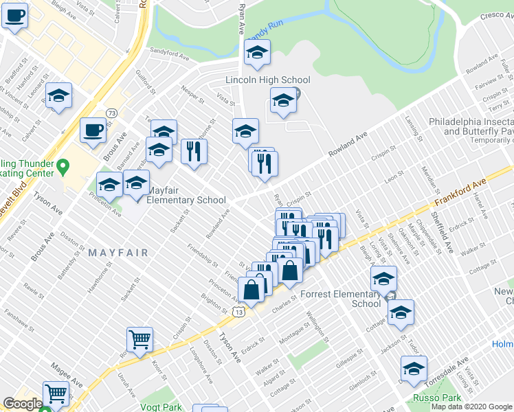 map of restaurants, bars, coffee shops, grocery stores, and more near 3318 Guilford Street in Philadelphia