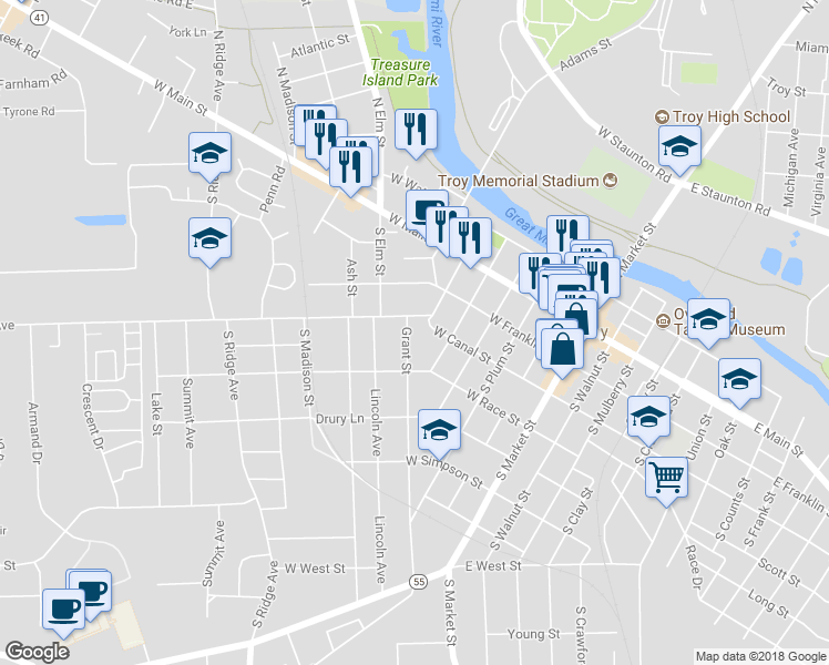 map of restaurants, bars, coffee shops, grocery stores, and more near 215 Grant Street in Troy