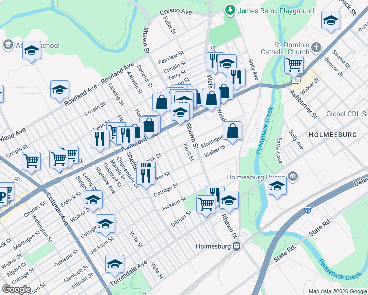 map of restaurants, bars, coffee shops, grocery stores, and more near 4206 Frost Street in Philadelphia