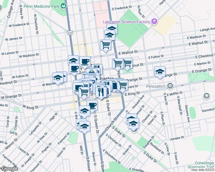 map of restaurants, bars, coffee shops, grocery stores, and more near 53 North Duke Street in Lancaster