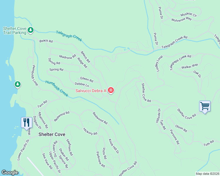 map of restaurants, bars, coffee shops, grocery stores, and more near 157 Beach Road in Whitethorn