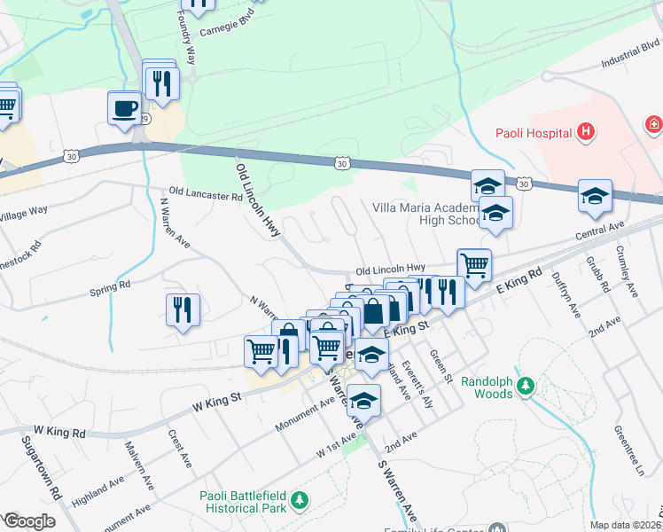 map of restaurants, bars, coffee shops, grocery stores, and more near 131 Old Lincoln Highway in Malvern