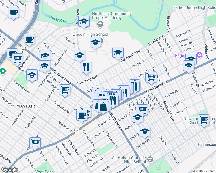 map of restaurants, bars, coffee shops, grocery stores, and more near 3422 Tudor Street in Philadelphia