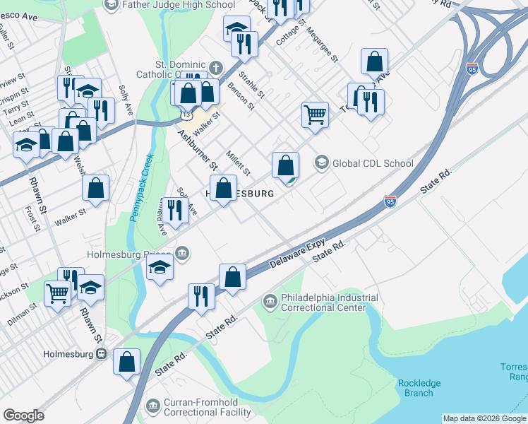 map of restaurants, bars, coffee shops, grocery stores, and more near 4807 Ashburner Street in Philadelphia