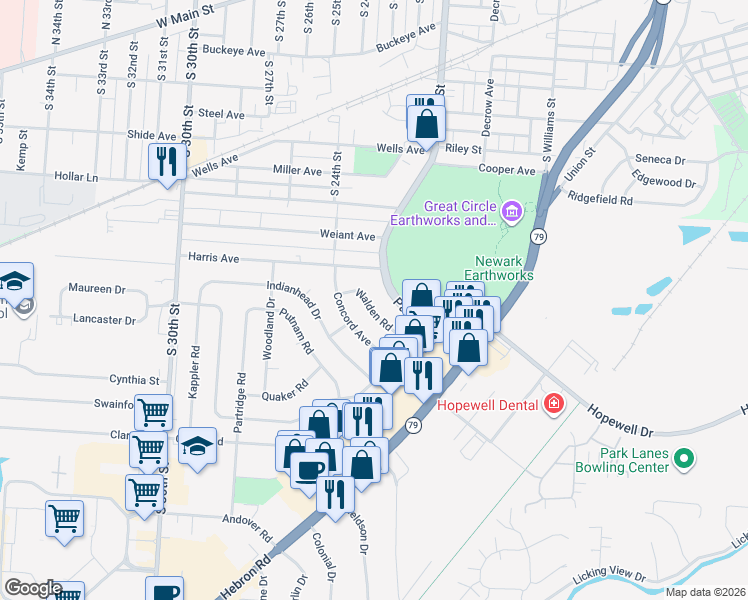 map of restaurants, bars, coffee shops, grocery stores, and more near 232 Walden Rd in Heath