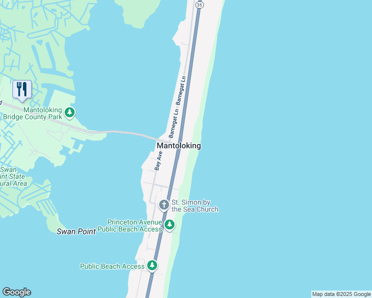 map of restaurants, bars, coffee shops, grocery stores, and more near 1201 Ocean Avenue in Mantoloking