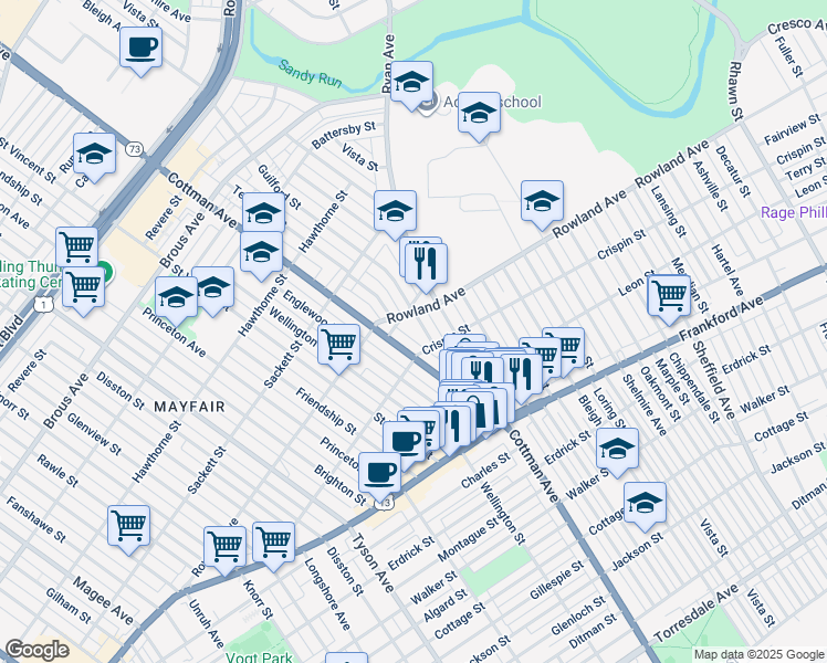 map of restaurants, bars, coffee shops, grocery stores, and more near 3318 Guilford Street in Philadelphia