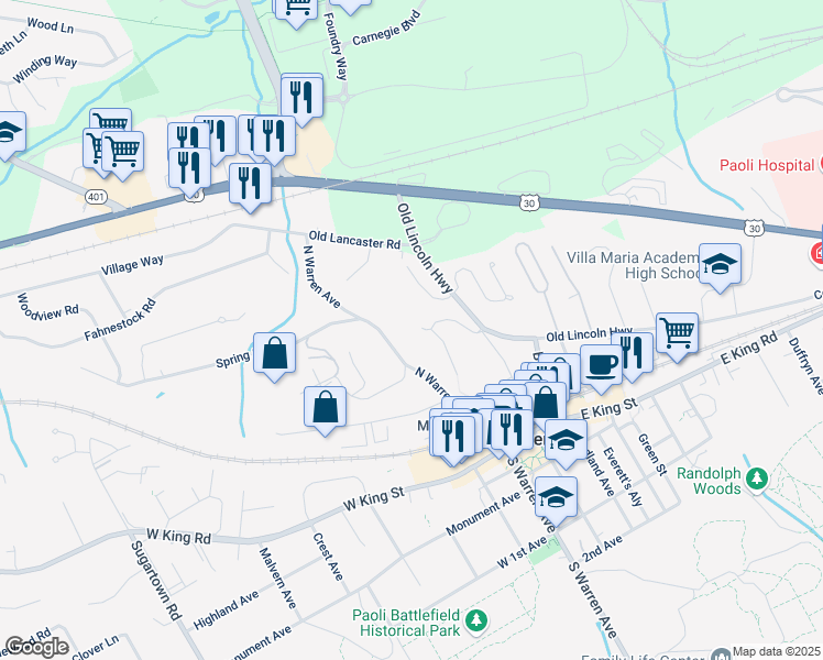 map of restaurants, bars, coffee shops, grocery stores, and more near 107 Margaret Lane in Malvern