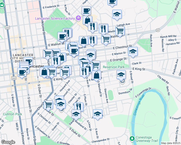 map of restaurants, bars, coffee shops, grocery stores, and more near 519 East King Street in Lancaster
