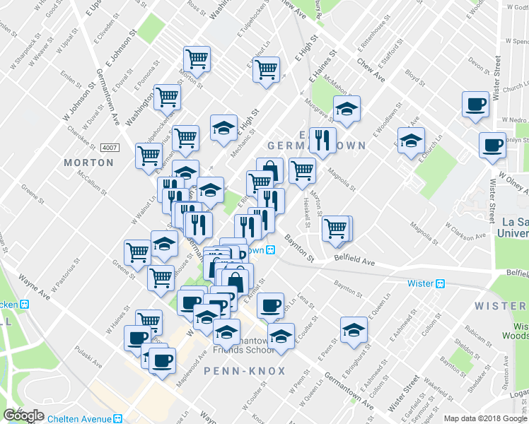 map of restaurants, bars, coffee shops, grocery stores, and more near 300 East Price Street in Philadelphia