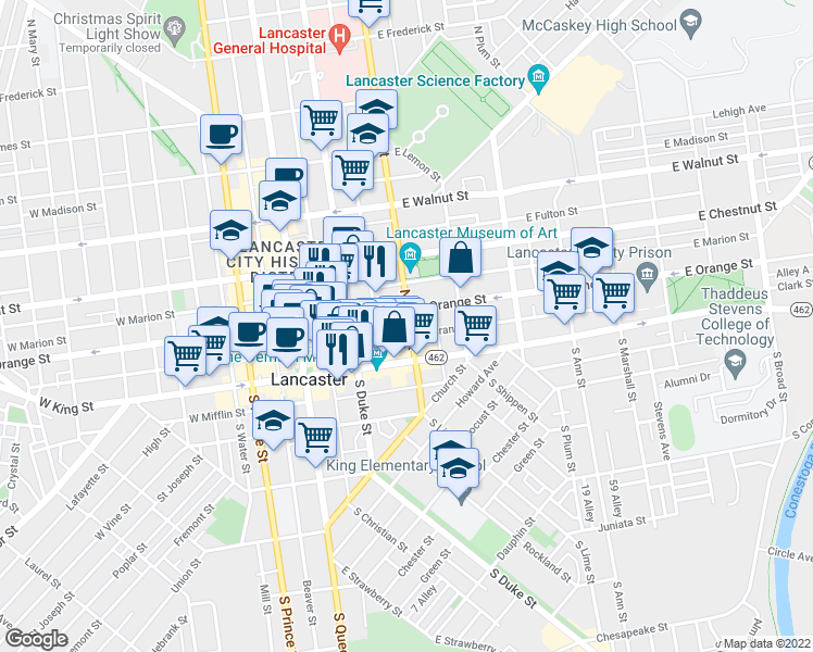 map of restaurants, bars, coffee shops, grocery stores, and more near 34 North Lime Street in Lancaster