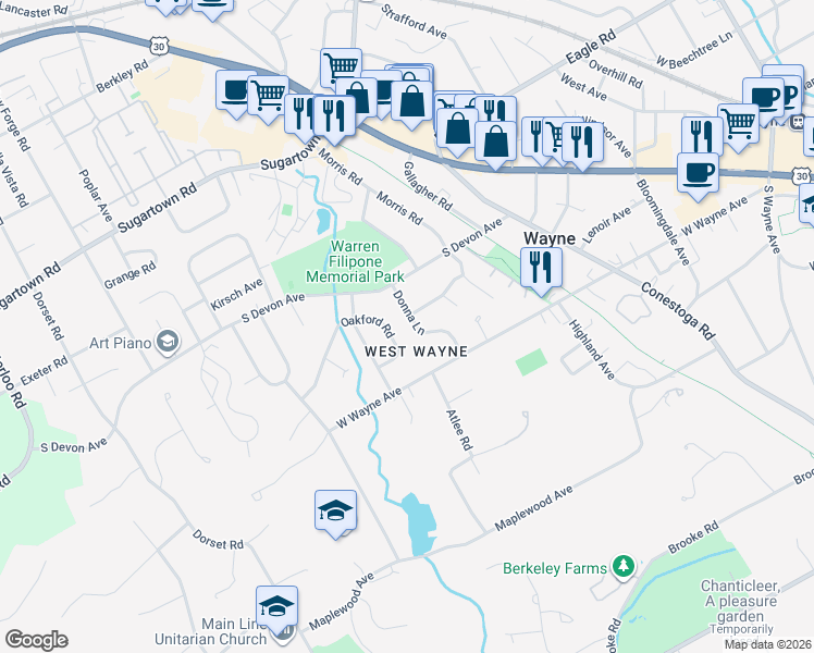 map of restaurants, bars, coffee shops, grocery stores, and more near 9 Donna Lane in Wayne