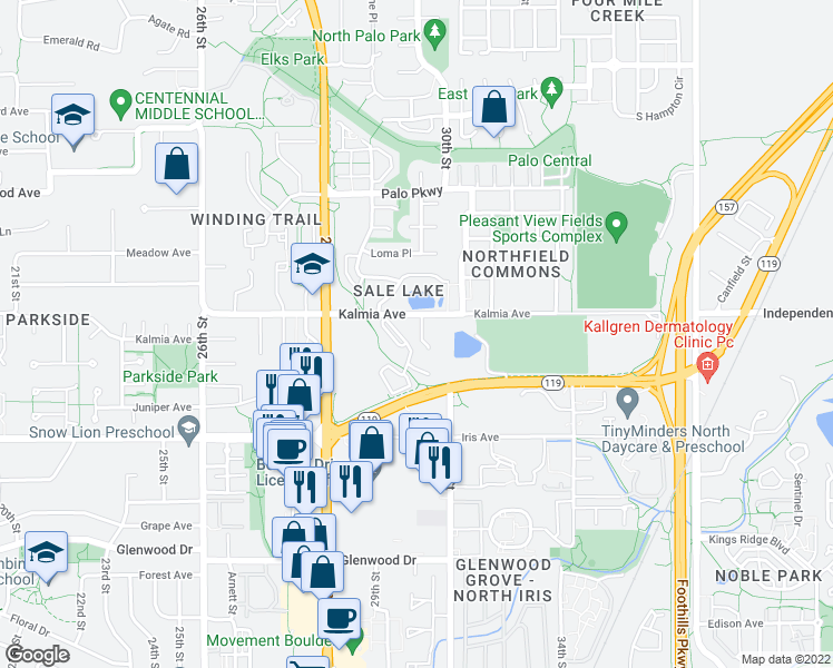 map of restaurants, bars, coffee shops, grocery stores, and more near 2910 Kalmia Avenue in Boulder