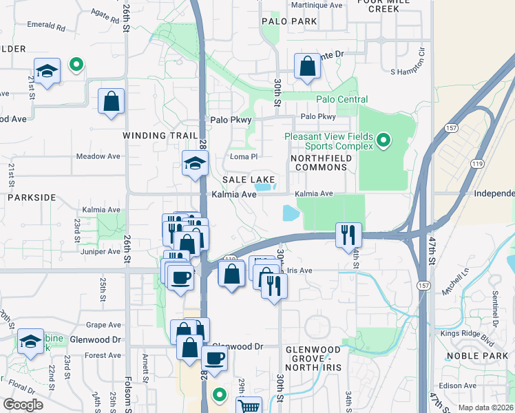 map of restaurants, bars, coffee shops, grocery stores, and more near 2910 Kalmia Avenue in Boulder