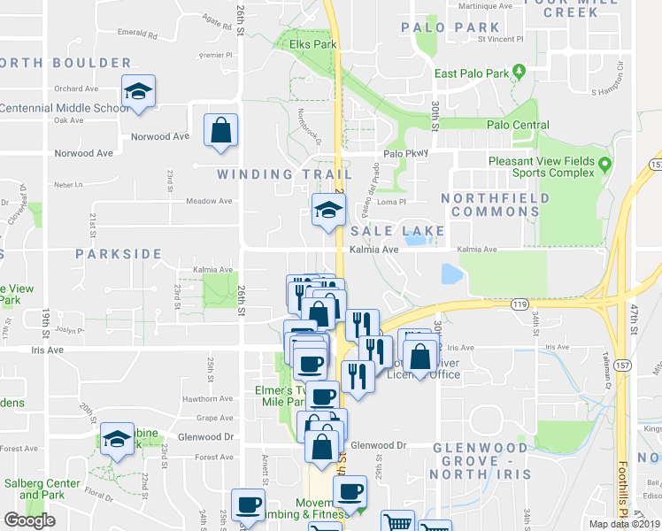 map of restaurants, bars, coffee shops, grocery stores, and more near 3565 28th Street in Boulder