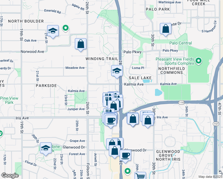 map of restaurants, bars, coffee shops, grocery stores, and more near 3565 28th Street in Boulder