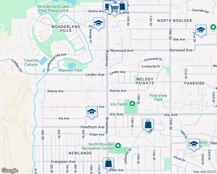 map of restaurants, bars, coffee shops, grocery stores, and more near 3620 Broadway in Boulder