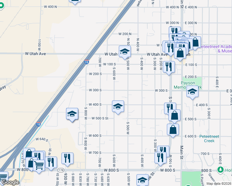 map of restaurants, bars, coffee shops, grocery stores, and more near 573 West 300 South in Payson