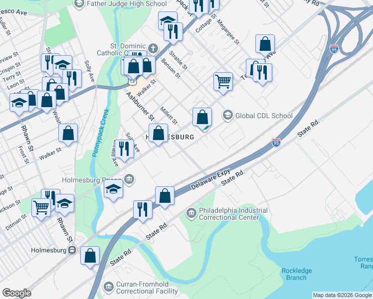 map of restaurants, bars, coffee shops, grocery stores, and more near 4807 Ashburner Street in Philadelphia