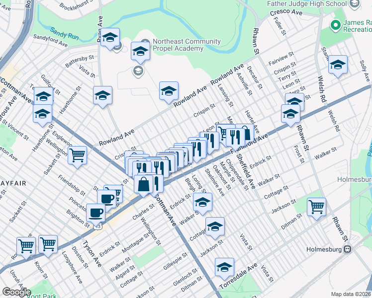 map of restaurants, bars, coffee shops, grocery stores, and more near 3516 Shelmire Avenue in Philadelphia