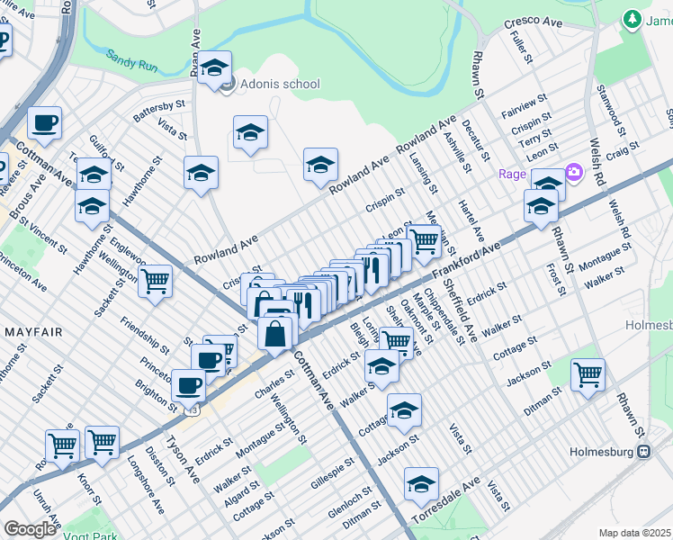 map of restaurants, bars, coffee shops, grocery stores, and more near 3447 Bleigh Avenue in Philadelphia