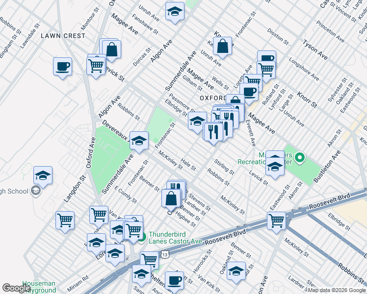 map of restaurants, bars, coffee shops, grocery stores, and more near 1242 Robbins Street in Philadelphia