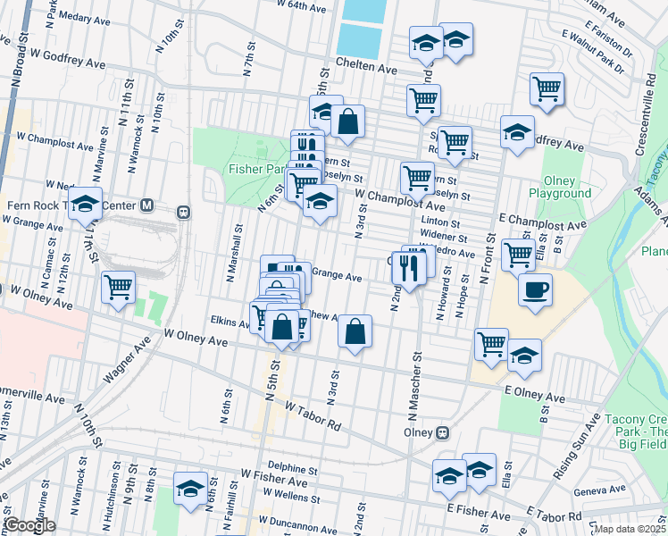 map of restaurants, bars, coffee shops, grocery stores, and more near 319 West Grange Avenue in Philadelphia