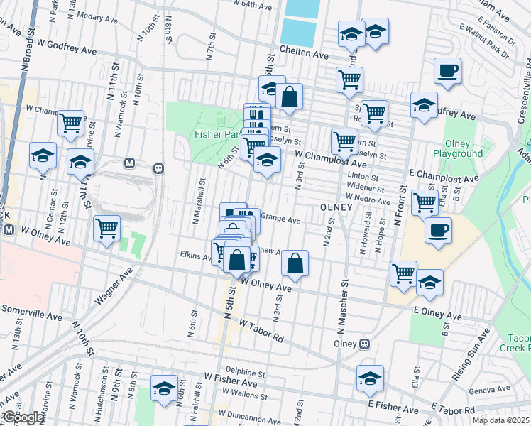 map of restaurants, bars, coffee shops, grocery stores, and more near 421 West Grange Avenue in Philadelphia