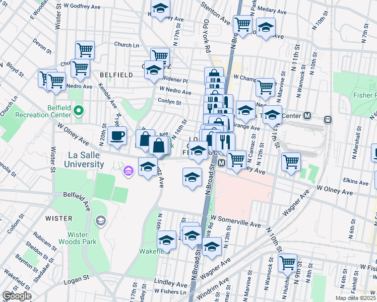 map of restaurants, bars, coffee shops, grocery stores, and more near 5616 North 15th Street in Philadelphia