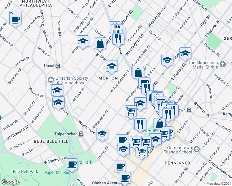 map of restaurants, bars, coffee shops, grocery stores, and more near 6128 McCallum Street in Philadelphia