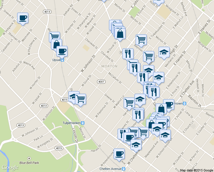 map of restaurants, bars, coffee shops, grocery stores, and more near 133 West Tulpehocken Street in Philadelphia